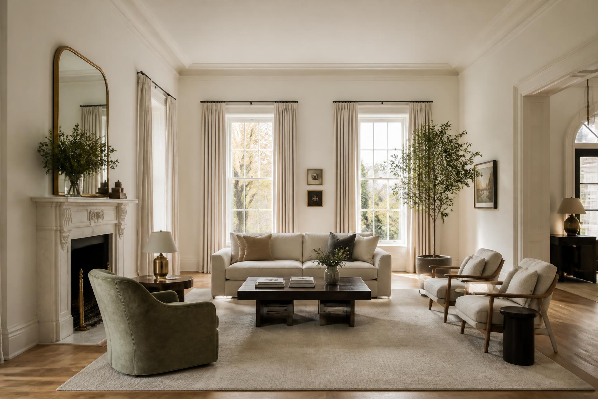 Elegant living room with flawlessly painted warm white walls and sage accent chair