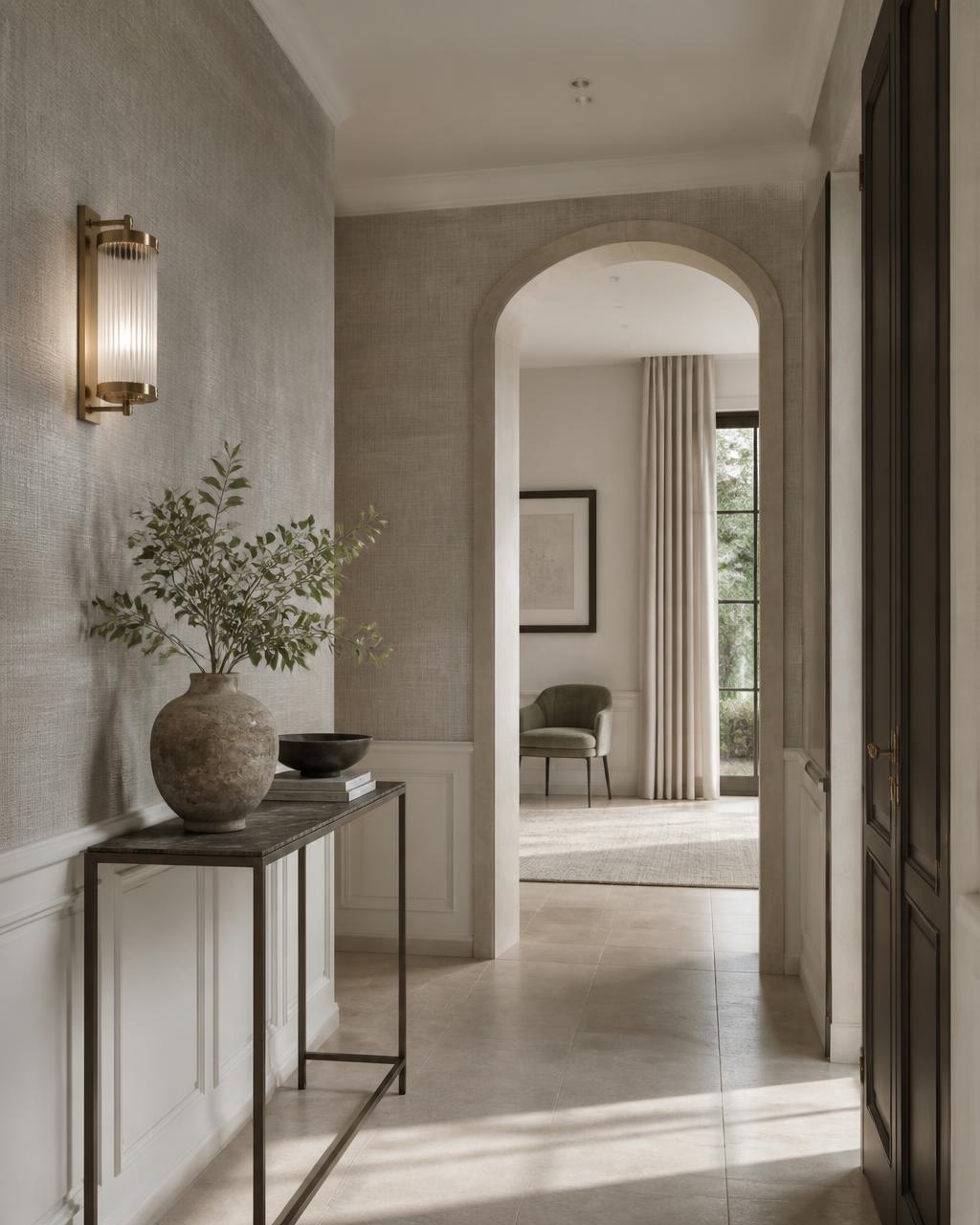 Textured grasscloth wallpaper hung in a period entrance hall, Lewes